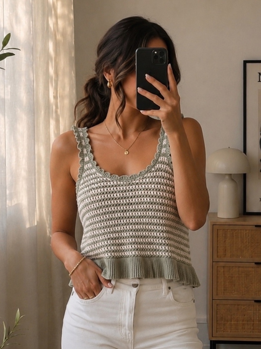 Sincerely Jules Sage Green Striped NWT Ruffle Knit Crop Top Size M